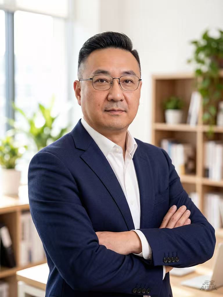 五十六岁左右男性正装肖像，深色西装，白色衬衫，蓝色领带，专业商务背景，自然光线